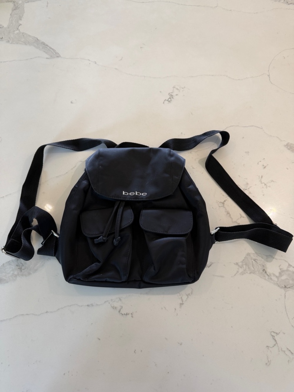 bebe Black Mini Nylon Backpack with Front Pockets